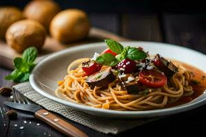 spaghetti with tomato and eggplant on a wooden table. AI-Generated photo