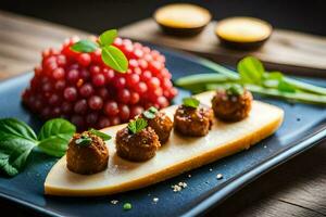 a plate with meatballs and grapes on it. AI-Generated photo