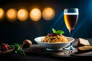 spaghetti with bread and wine on a wooden table. AI-Generated photo