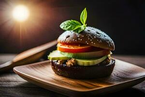 a hamburger with vegetables and tomatoes on a wooden plate. AI-Generated photo