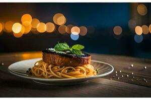 un plato de pasta y un filete en un de madera mesa. generado por ai foto