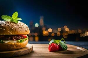 hamburger with strawberry on a wooden board with city lights in the background. AI-Generated photo