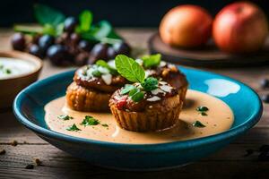 a blue bowl with two mini muffins on top. AI-Generated photo