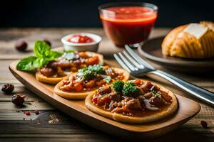 three small pizzas on a wooden tray with a fork and knife. AI-Generated photo