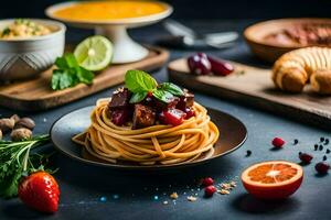 spaghetti with meat, vegetables and fruit on a black table. AI-Generated photo