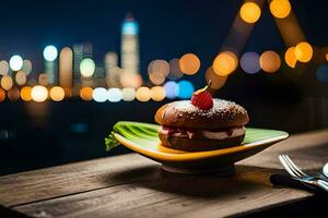 a burger with a raspberry on top sits on a table in front of a city skyline. AI-Generated photo