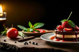 a dessert with strawberries and chocolate on a plate. AI-Generated photo