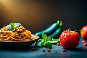 espaguetis con Tomates, albahaca y albahaca. generado por ai foto