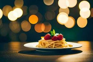 spaghetti with raspberries on a plate. AI-Generated photo