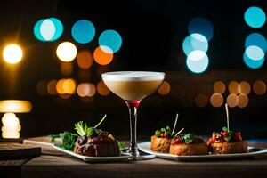 a cocktail and food on a table at night. AI-Generated photo