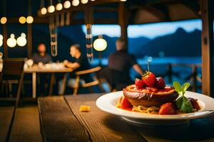 a plate of food on a table with people in the background. AI-Generated photo