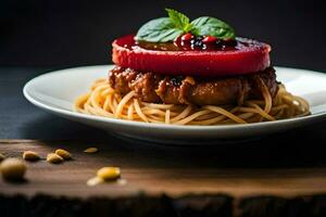 a plate with spaghetti and meat on top. AI-Generated photo