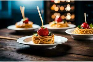 small plates with spaghetti and strawberries on them. AI-Generated photo