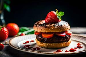 un hamburguesa con fresas y un vaso de vino. generado por ai foto