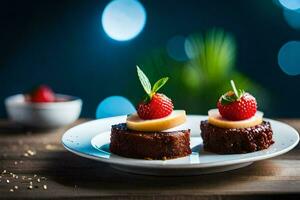 dos pequeño postres en un plato con fresas generado por ai foto