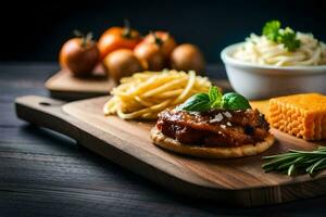 un de madera corte tablero con comida en él. generado por ai foto