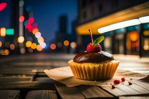 a cupcake sitting on a table in front of a city skyline. AI-Generated photo