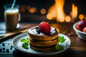 panqueques con fresas y chocolate salsa en un lámina. generado por ai foto