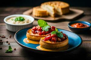 two small breadsticks with tomato sauce and basil on a blue plate. AI-Generated photo