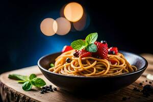 spaghetti with strawberries and basil leaves in a bowl. AI-Generated photo