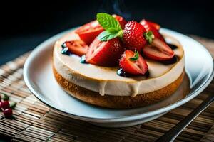 un tarta de queso con fresas y menta hojas en un lámina. generado por ai foto