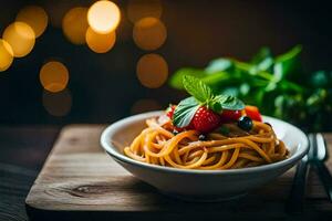 spaghetti with tomato sauce and fresh strawberries on a wooden table. AI-Generated photo