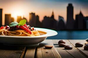 a plate of pasta with a view of the city. AI-Generated photo