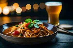 a plate of spaghetti with shrimp and tomato sauce on a wooden table. AI-Generated photo