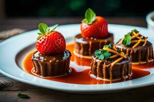 three desserts on a plate with strawberries. AI-Generated photo