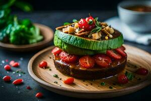 un plato con un emparedado coronado con fresas y aguacate. generado por ai foto