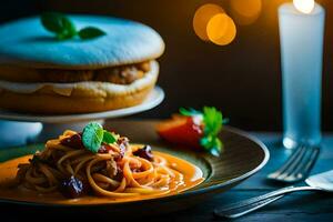 spaghetti with meat sauce and a sandwich on a plate. AI-Generated photo