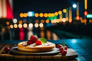 a dessert on a wooden table with a city view. AI-Generated photo