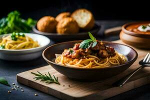 spaghetti with meatballs and breadsticks on a wooden board. AI-Generated photo