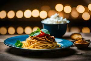 spaghetti with tomato and basil on a blue plate. AI-Generated photo