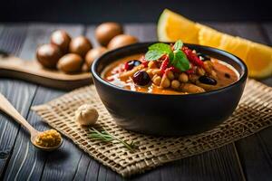 a bowl of soup with beans, nuts and spices on a wooden table. AI-Generated photo