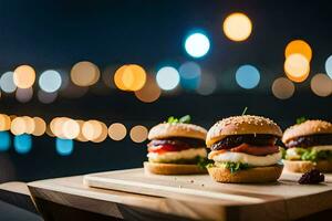 Tres hamburguesas en un de madera tablero con luces en el antecedentes. generado por ai foto