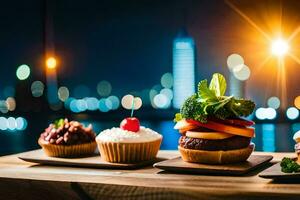 a table with three hamburgers and cupcakes on it. AI-Generated photo