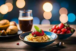a plate of pasta with strawberries and a glass of beer. AI-Generated photo