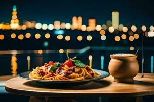 a plate of spaghetti and a cup of coffee on a table in front of a cityscape. AI-Generated photo