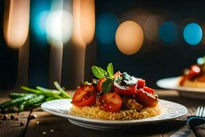 a plate of pasta with tomatoes and basil on it. AI-Generated photo