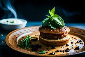 a burger with a sauce and herbs on it. AI-Generated photo