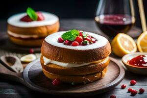 two cakes with cream and berries on a wooden table. AI-Generated photo
