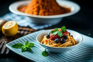 spaghetti with tomato sauce and blueberries on a plate. AI-Generated photo