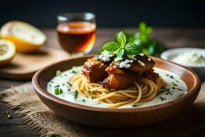 chicken meatballs in a sauce with noodles and herbs. AI-Generated photo