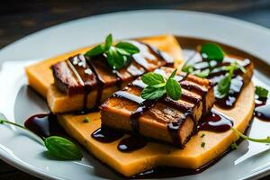 a plate topped with tofu and sauce. AI-Generated photo