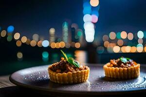 two small pastry dishes on a plate with a city skyline in the background. AI-Generated photo