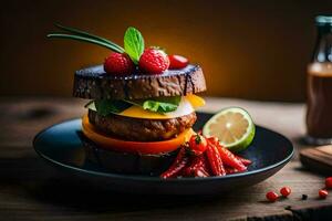 a burger with vegetables and a bottle of sauce. AI-Generated photo