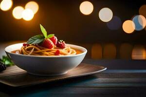 spaghetti with strawberries and basil on a wooden plate. AI-Generated photo