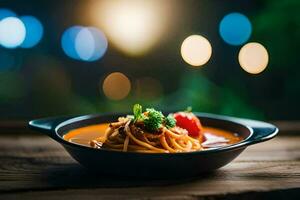 a bowl of spaghetti with tomato sauce and cheese on a wooden table. AI-Generated photo