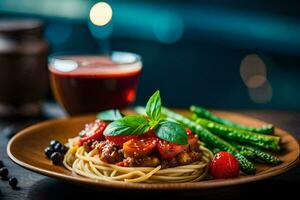 spaghetti with tomato sauce and asparagus on a wooden table. AI-Generated photo
